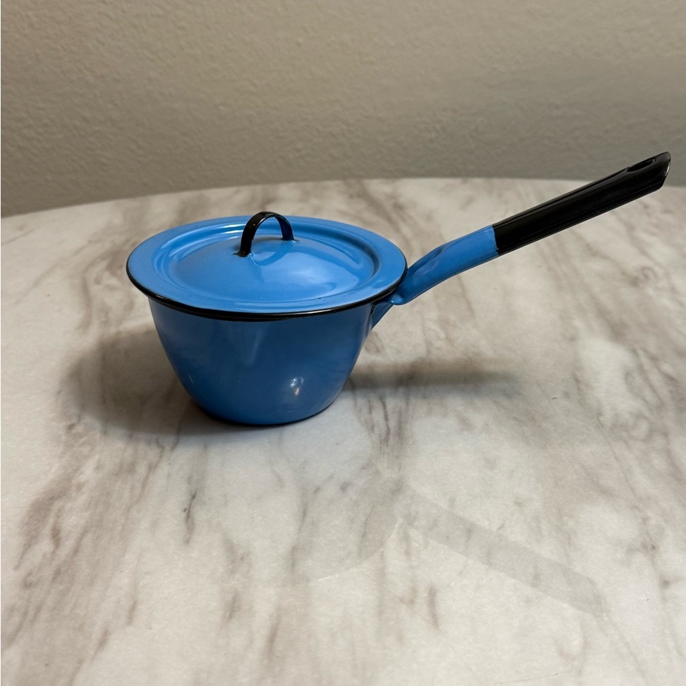 India porcelain enamel blue small handle pot with lid
